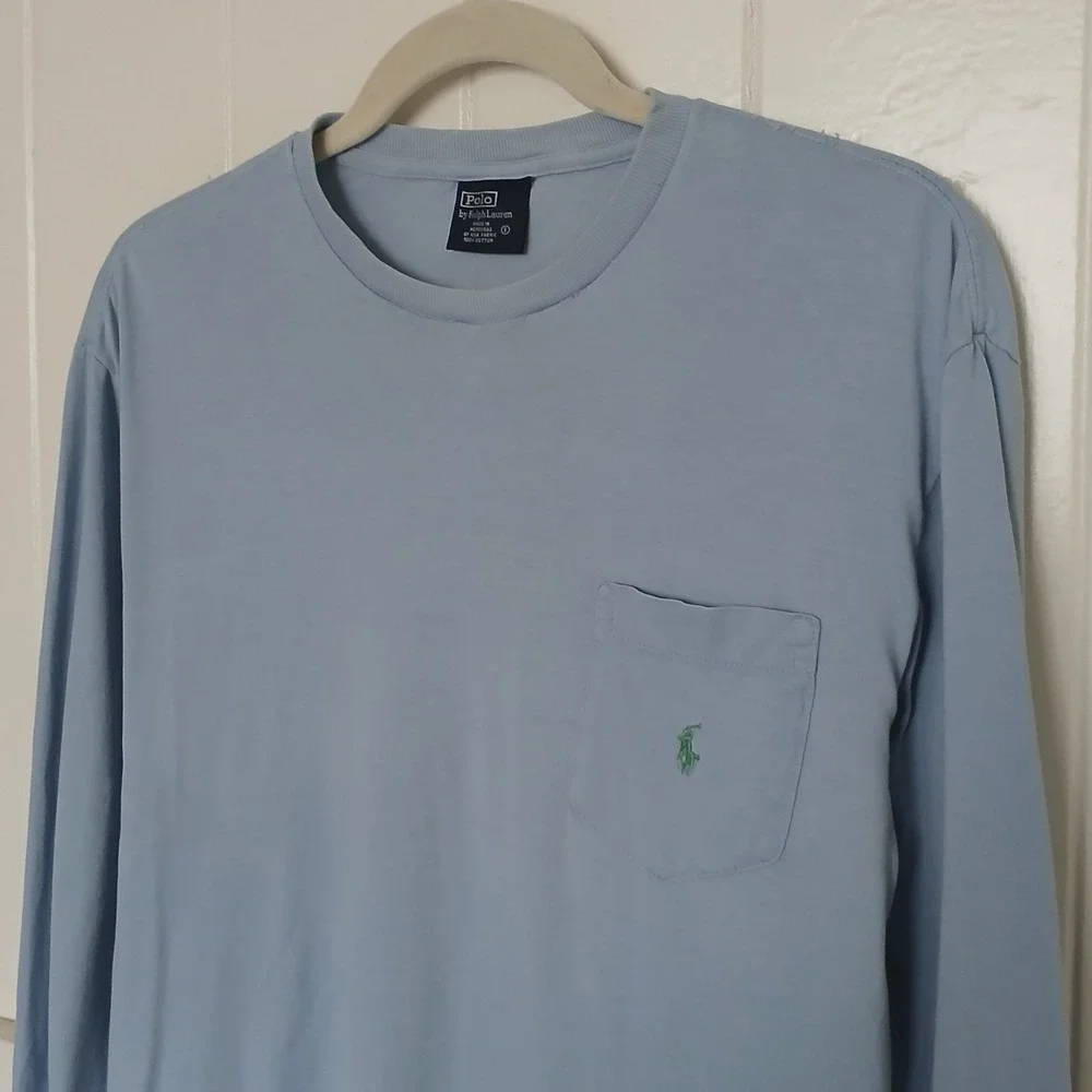 Vintage Polo Ralph‎ Lauren T-Shirt Long Sleeve Pocket Pony Logo Men's Small Blue